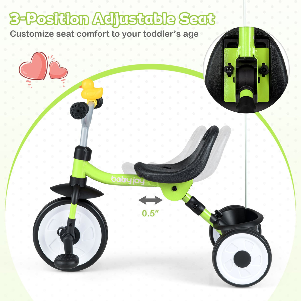 Toddler Tricycle with 3-Position Seat and Storage Basket for Kids-Green view 5