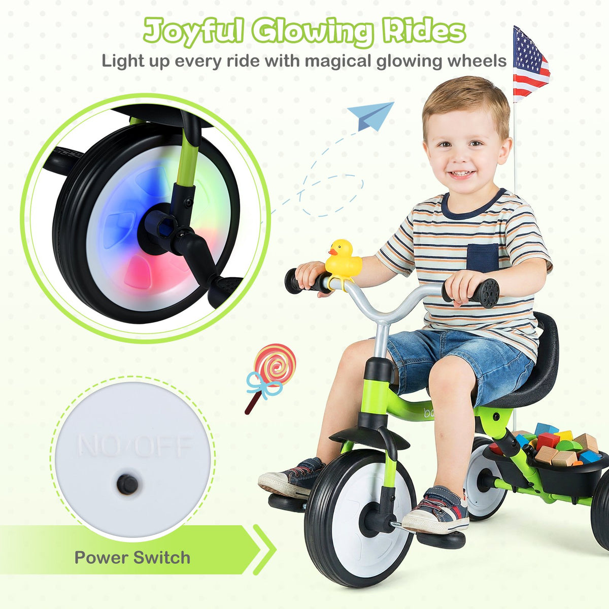 Toddler Tricycle with 3-Position Seat and Storage Basket for Kids-Green view 7