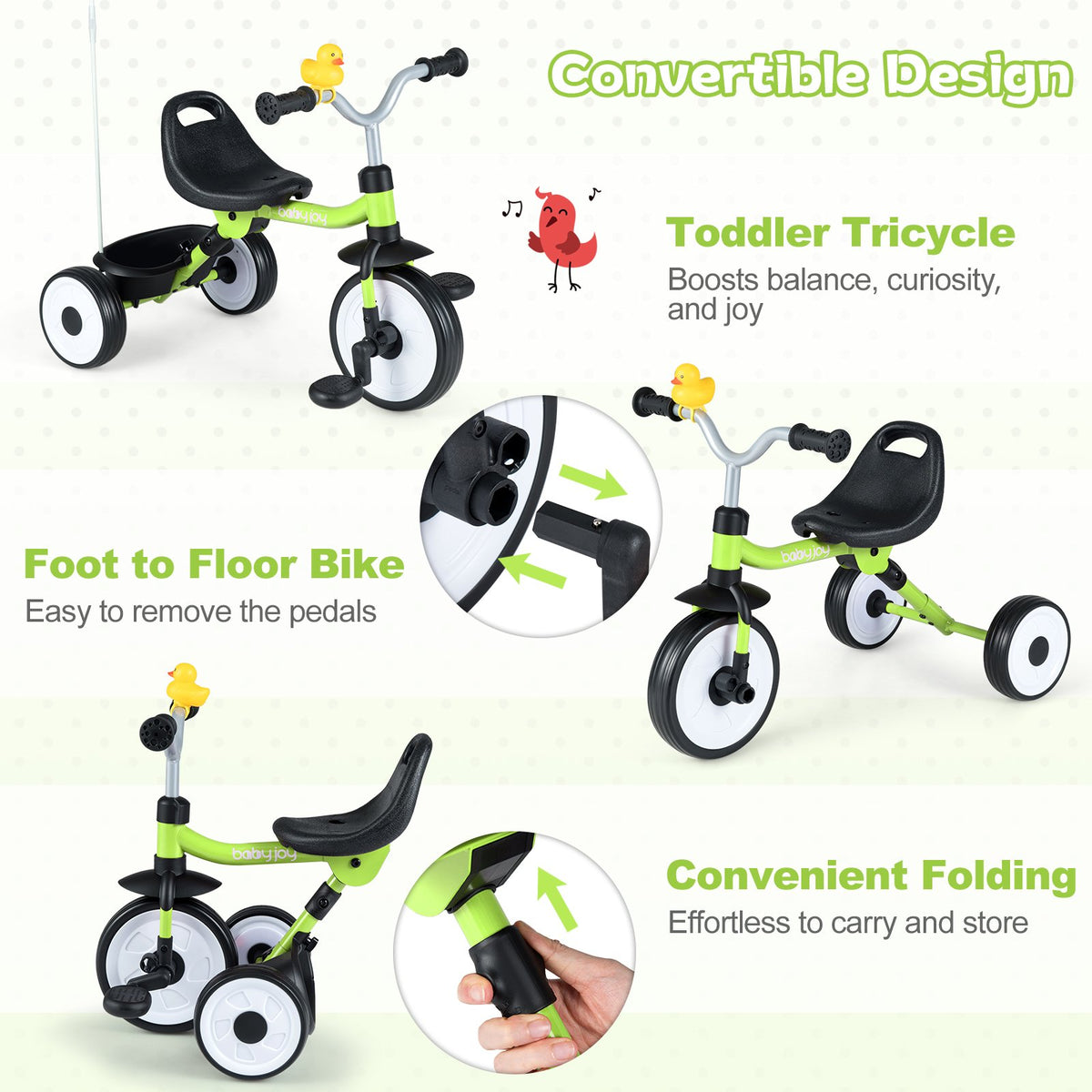 Toddler Tricycle with 3-Position Seat and Storage Basket for Kids-Green view 8