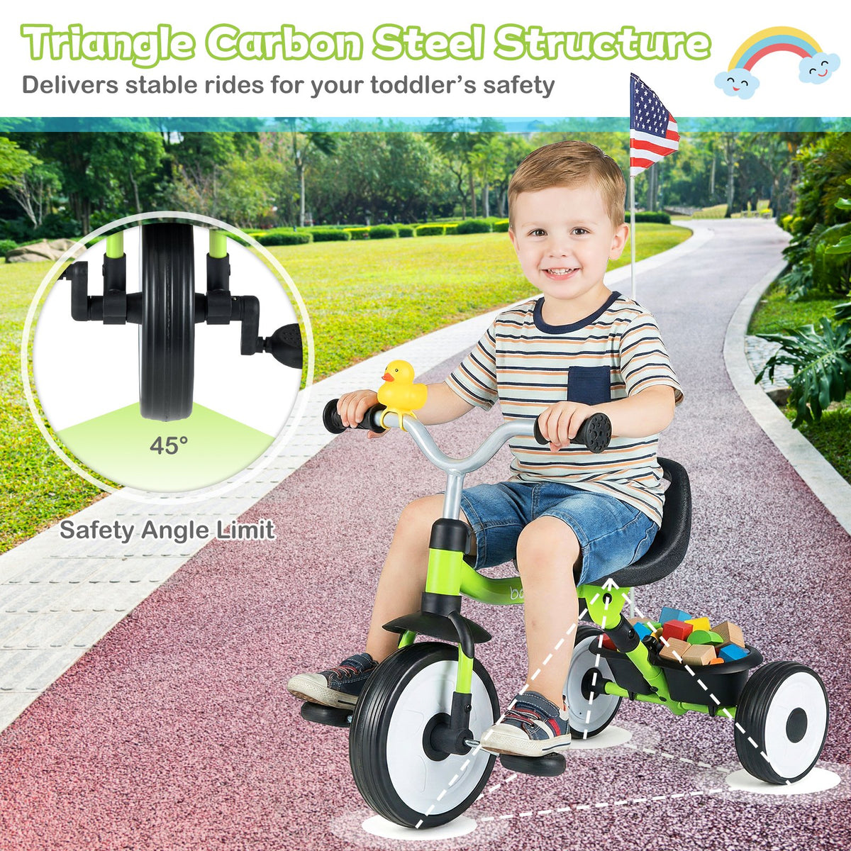 Toddler Tricycle with 3-Position Seat and Storage Basket for Kids-Green view 9