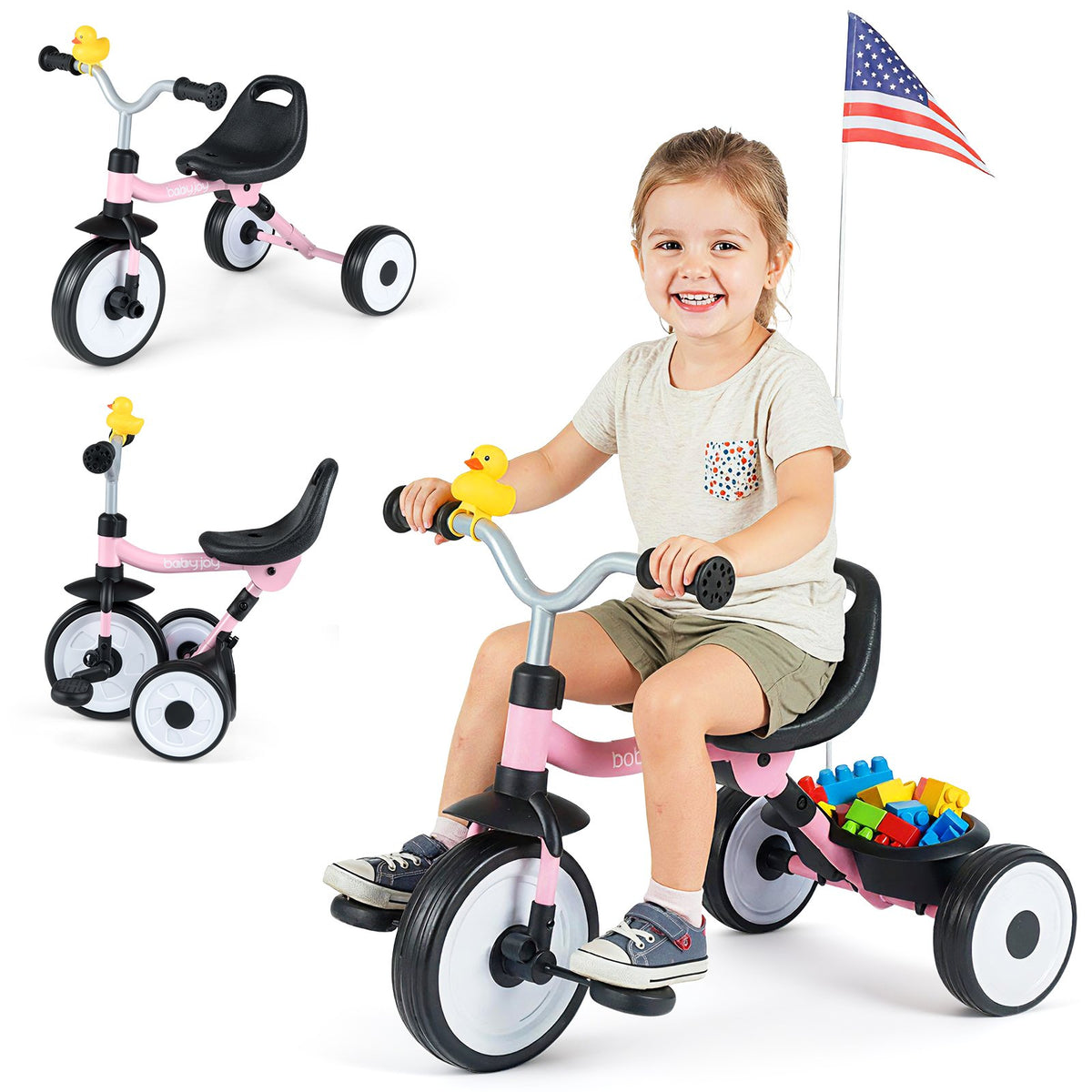 Toddler Tricycle with 3-Position Seat and Storage Basket for Kids-Pink