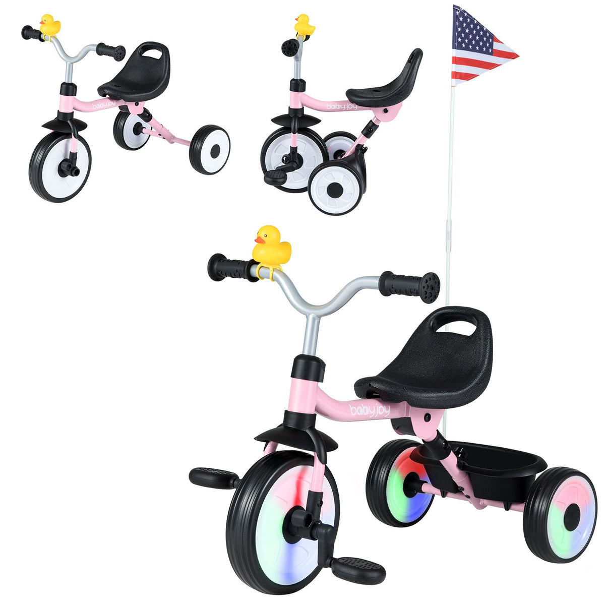 Toddler Tricycle with 3-Position Seat and Storage Basket for Kids-Pink view 3
