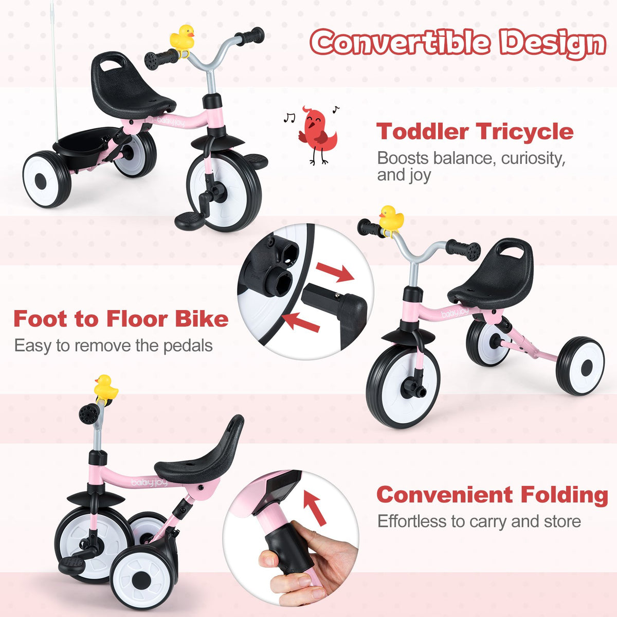 Toddler Tricycle with 3-Position Seat and Storage Basket for Kids-Pink view 8