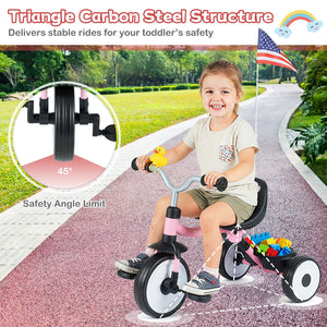 Toddler Tricycle with 3-Position Seat and Storage Basket for Kids-Pink view 9