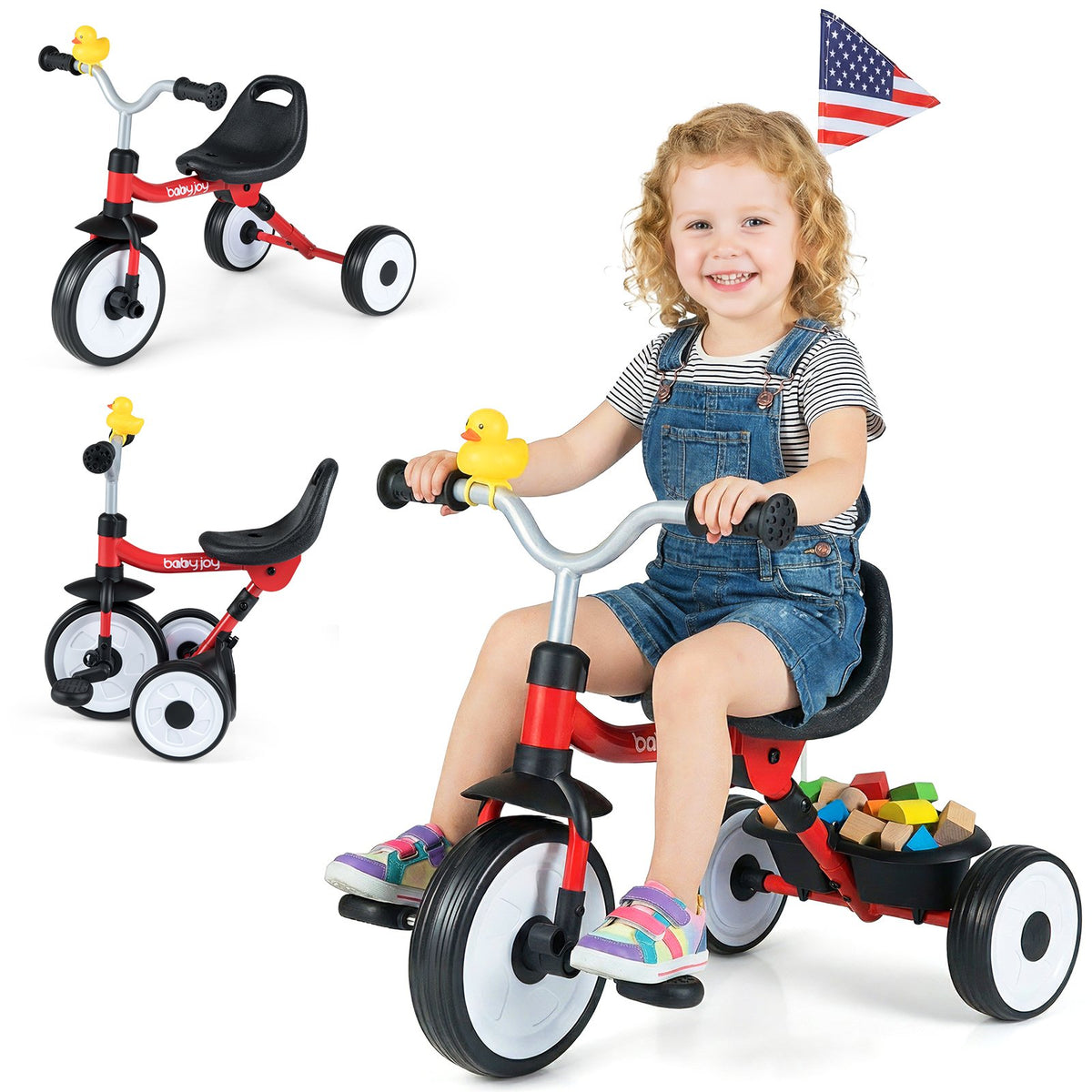Toddler Tricycle with 3-Position Seat and Storage Basket for Kids-Red