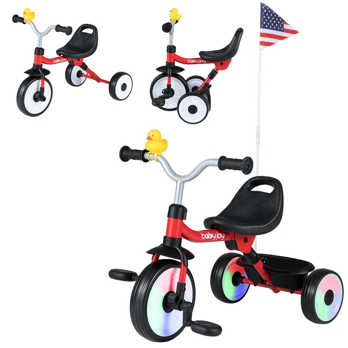 Toddler Tricycle with 3-Position Seat and Storage Basket for Kids-Red view 3