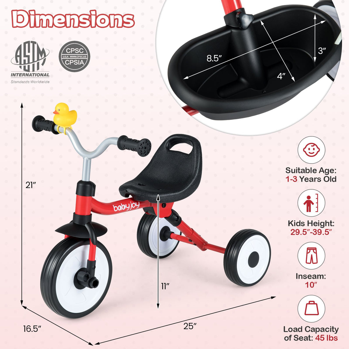 Toddler Tricycle with 3-Position Seat and Storage Basket for Kids-Red view 4