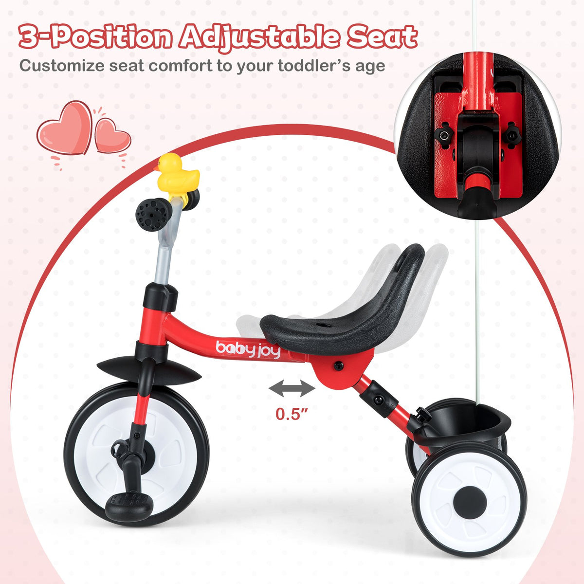 Toddler Tricycle with 3-Position Seat and Storage Basket for Kids-Red view 5