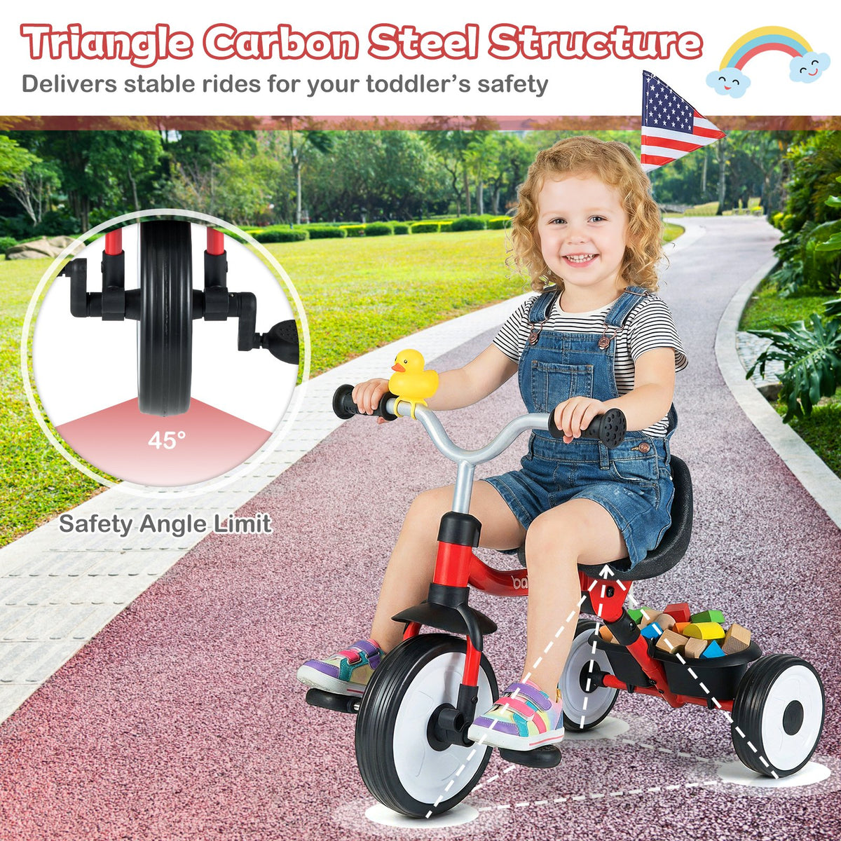 Toddler Tricycle with 3-Position Seat and Storage Basket for Kids-Red view 9