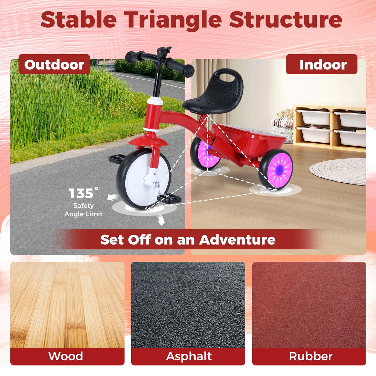 Toddler Tricycle with Glowing Wheels and 4-Level Adjustable Seat view 9