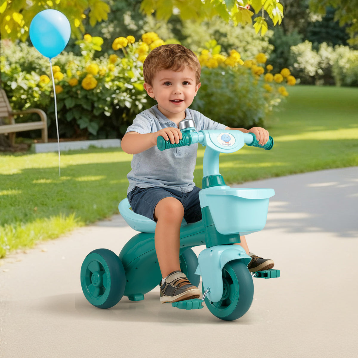 Toddler Tricycle with Limited Steering with Front Baskets and Bell-Green view 2
