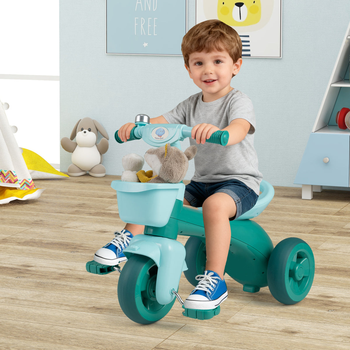 Toddler Tricycle with Limited Steering with Front Baskets and Bell-Green view 3
