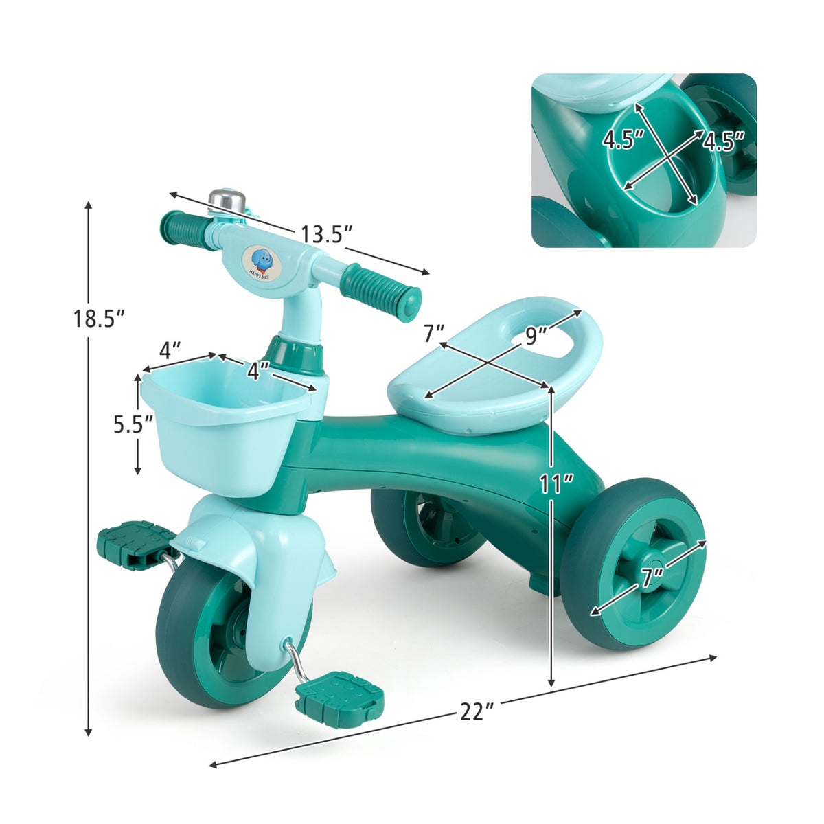 Toddler Tricycle with Limited Steering with Front Baskets and Bell-Green view 4