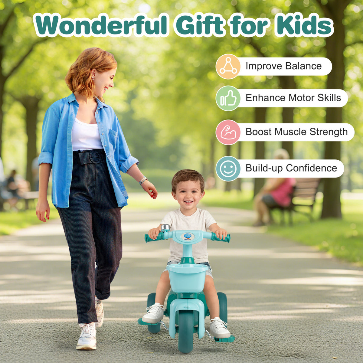 Toddler Tricycle with Limited Steering with Front Baskets and Bell-Green view 5