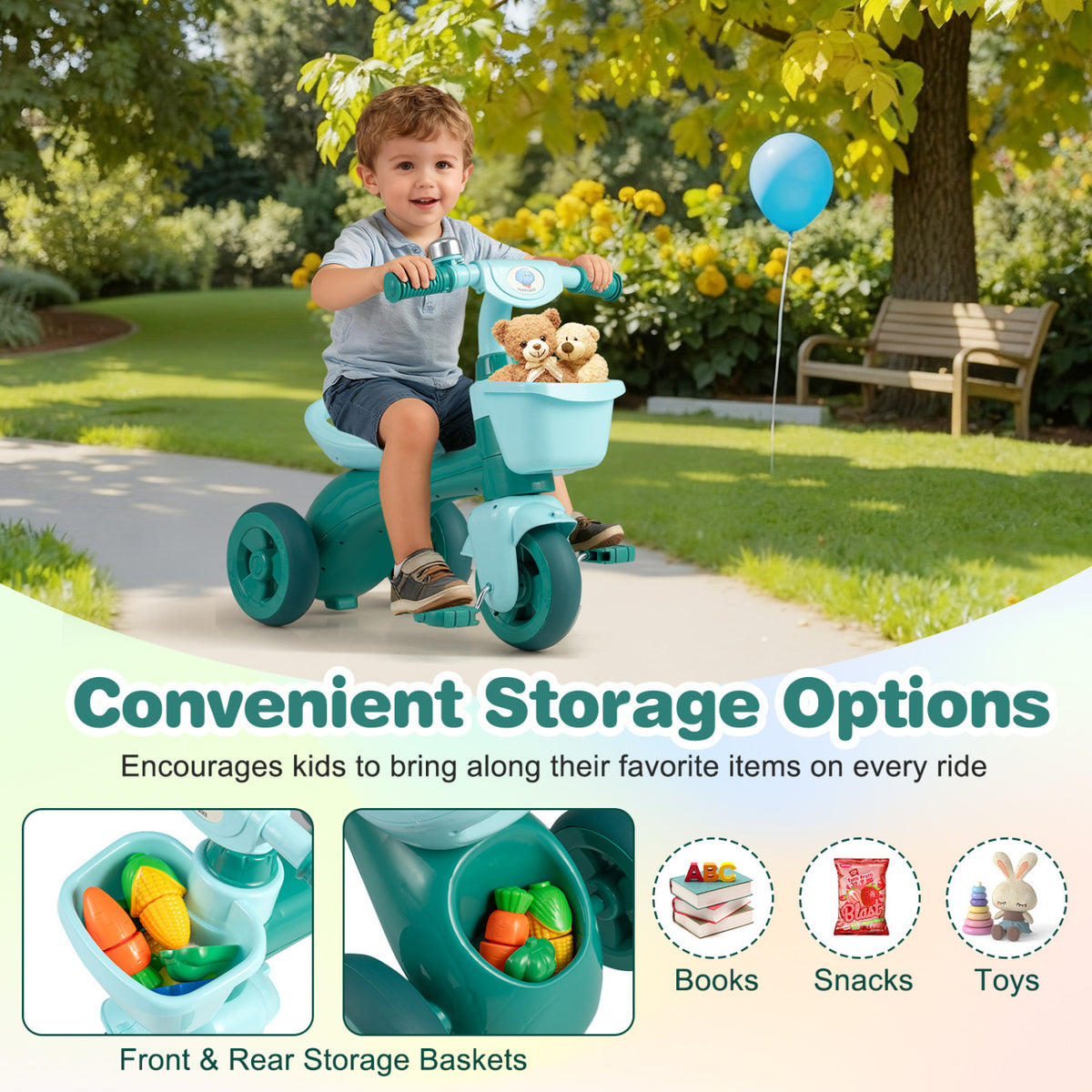 Toddler Tricycle with Limited Steering with Front Baskets and Bell-Green view 7