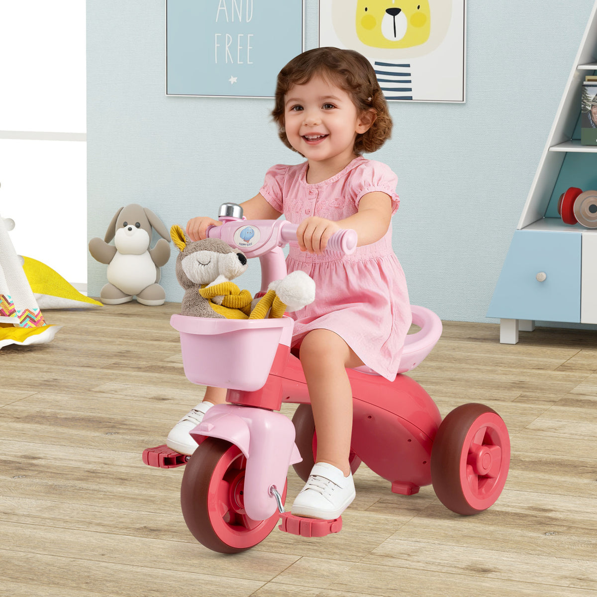 Toddler Tricycle with Limited Steering with Front Baskets and Bell-Pink view 3
