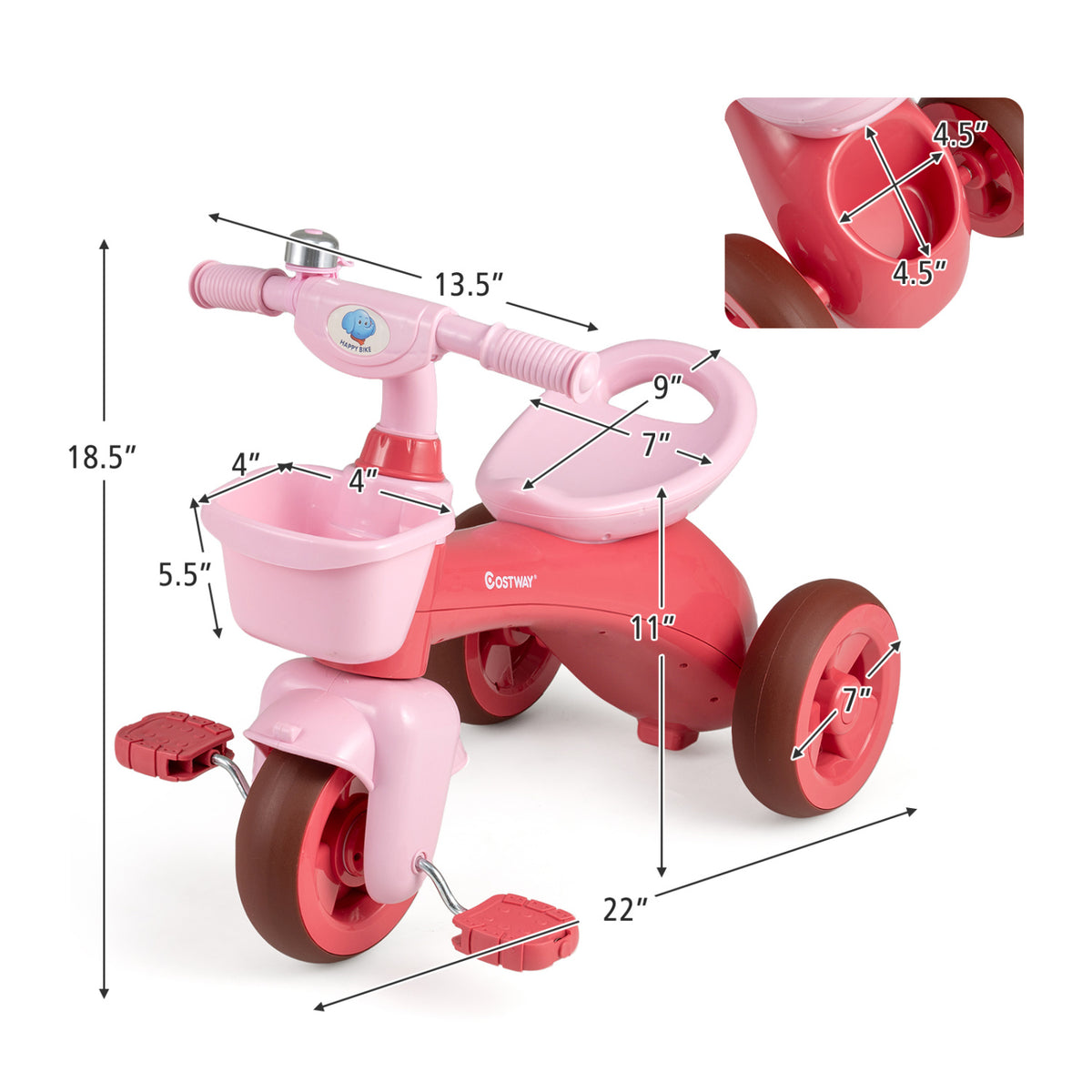 Toddler Tricycle with Limited Steering with Front Baskets and Bell-Pink view 4