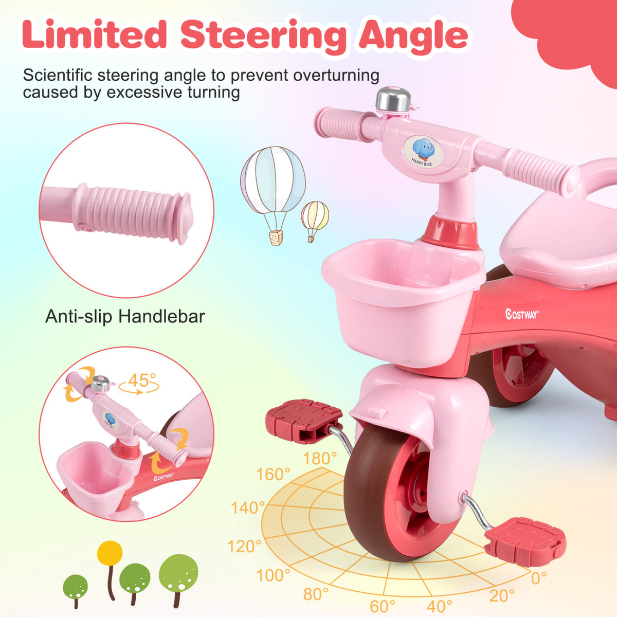 Toddler Tricycle with Limited Steering with Front Baskets and Bell-Pink view 6