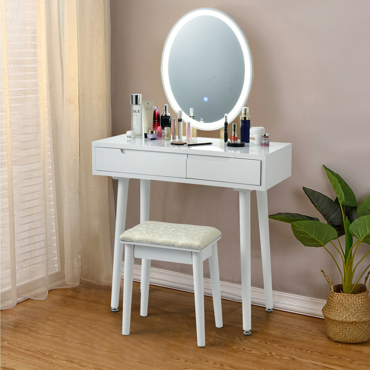 Touch Screen Vanity Makeup Table Stool Set-White view 2
