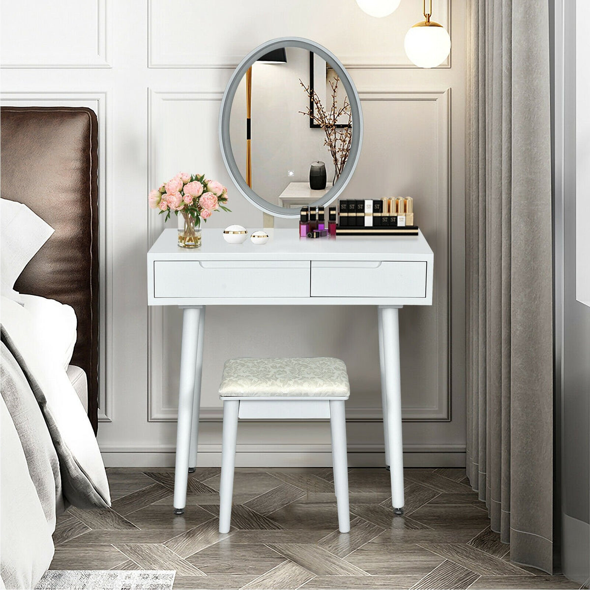Touch Screen Vanity Makeup Table Stool Set-White view 3