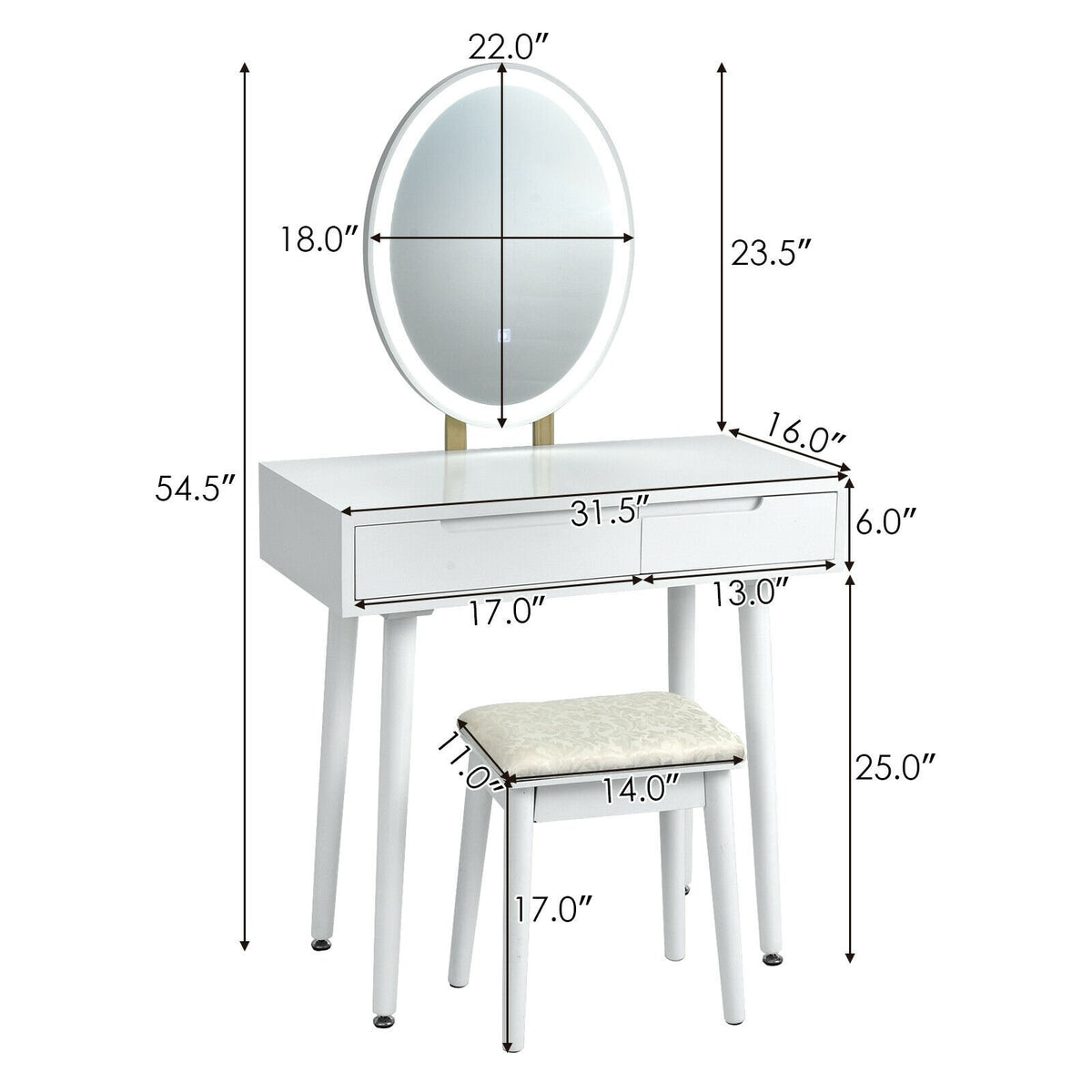 Touch Screen Vanity Makeup Table Stool Set-White view 5