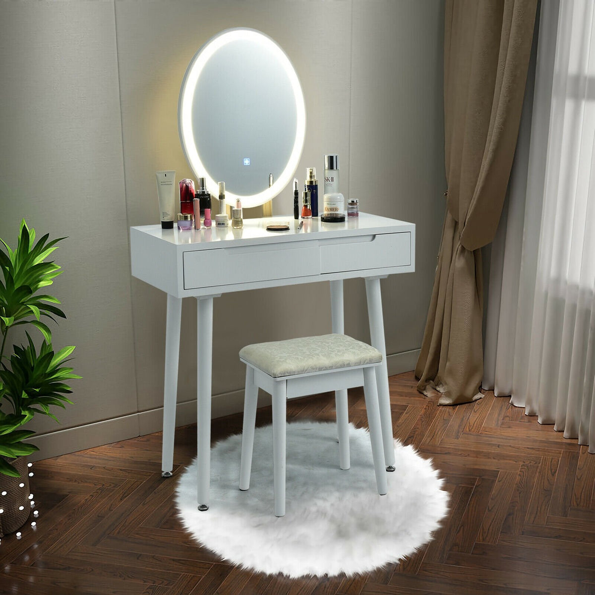 Touch Screen Vanity Makeup Table Stool Set-White view 6