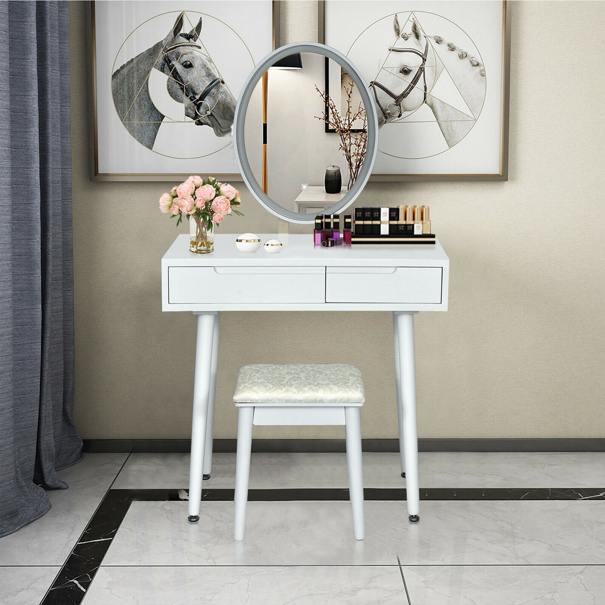 Touch Screen Vanity Makeup Table Stool Set-White view 7