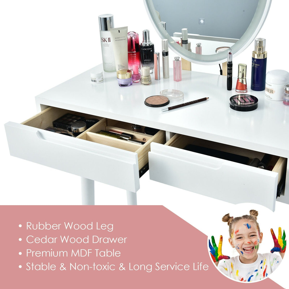 Touch Screen Vanity Makeup Table Stool Set-White view 9