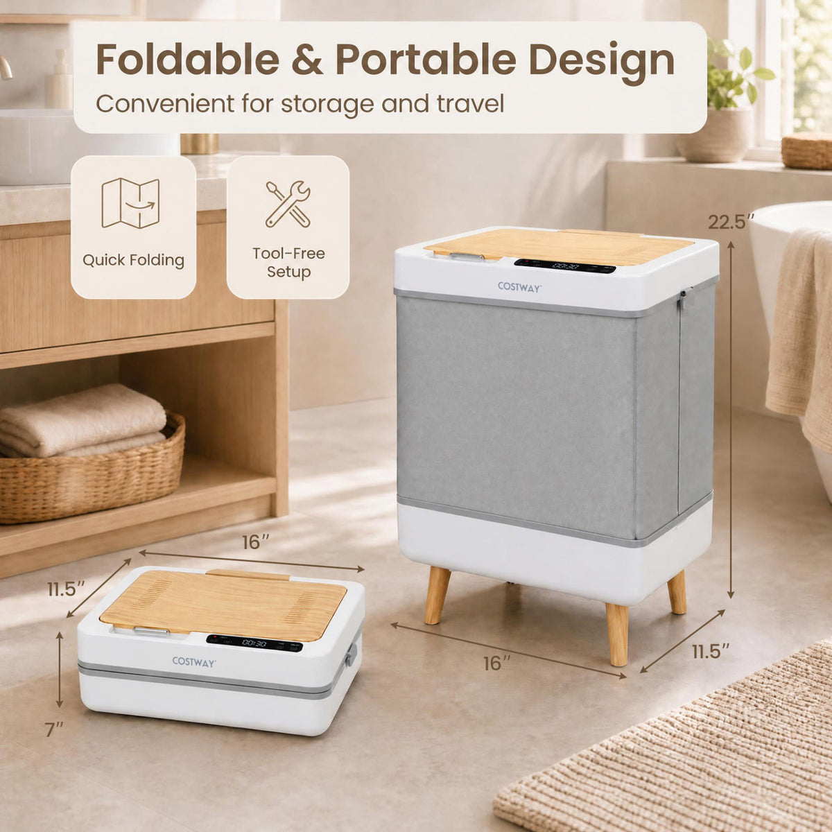 Towel Warmer Bucket with Foldable Design and Auto Shut Off for Bathroom-Natural view 7