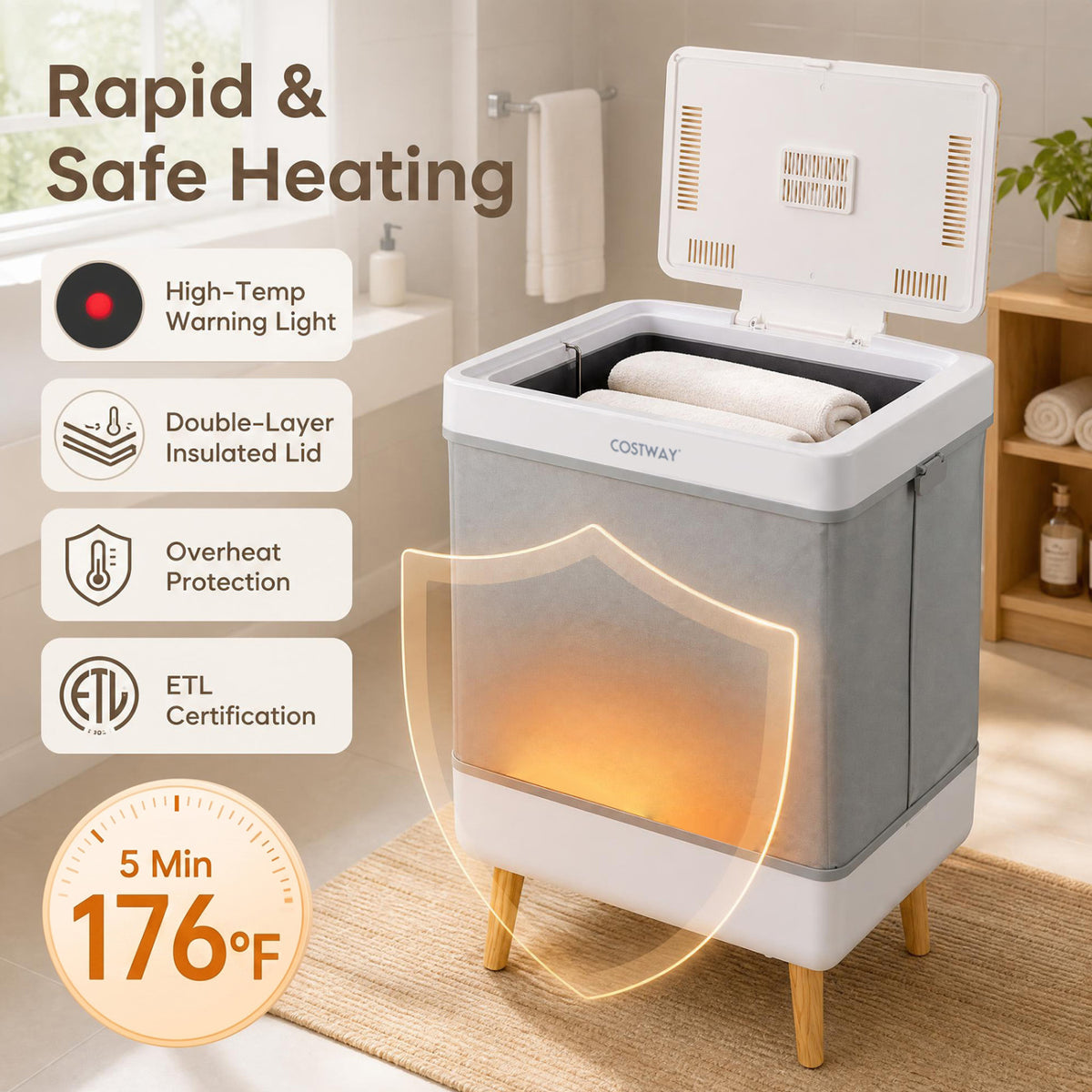 Towel Warmer Bucket with Foldable Design and Auto Shut Off for Bathroom-Natural view 9