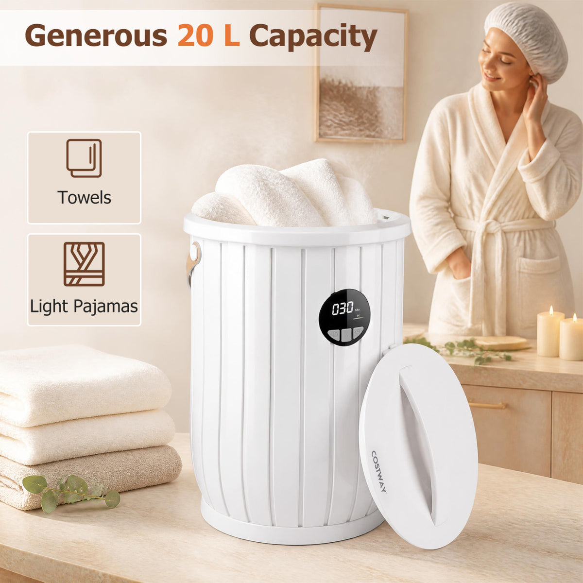 Towel Warmer Heated Bucket with Auto Shut Off and Fragrance Tray for Bathrooms-White view 6