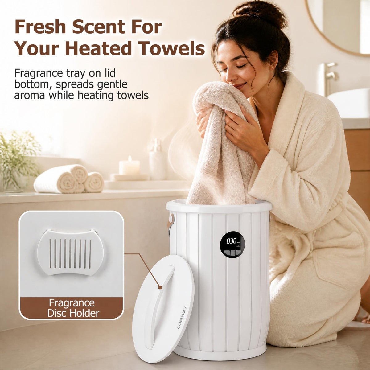 Towel Warmer Heated Bucket with Auto Shut Off and Fragrance Tray for Bathrooms-White view 8