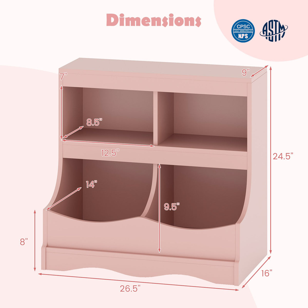 Toy Storage Organizer 4-Cubby Kids Bookcase for Toys and Books-Pink view 5