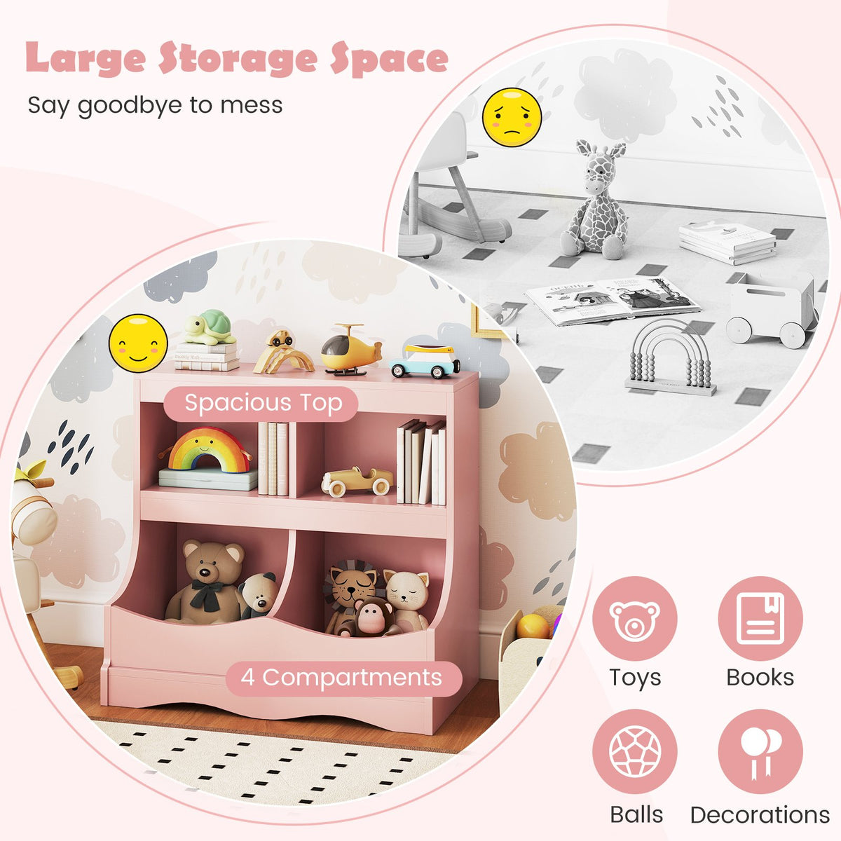 Toy Storage Organizer 4-Cubby Kids Bookcase for Toys and Books-Pink view 7