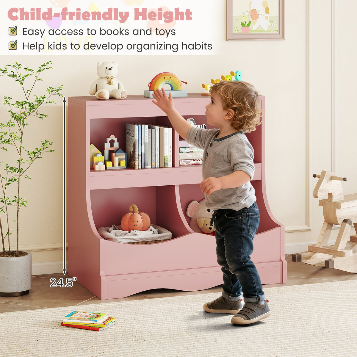 Toy Storage Organizer 4-Cubby Kids Bookcase for Toys and Books-Pink view 8