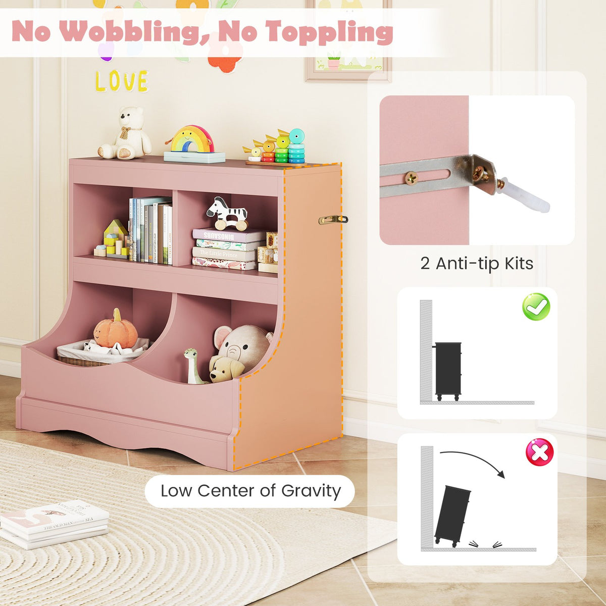 Toy Storage Organizer 4-Cubby Kids Bookcase for Toys and Books-Pink view 9