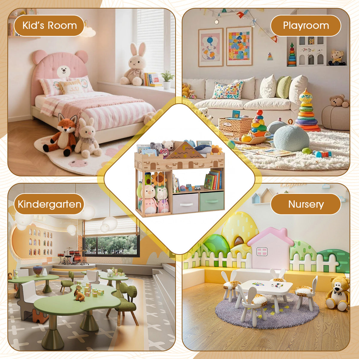 Toy Storage Organizer with Stuffed Animal Storage and Open Shelves-Natural view 8