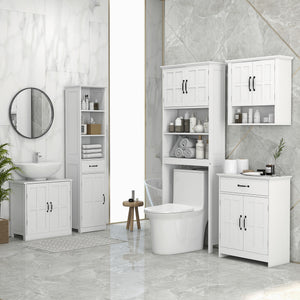 Modern Bathroom Cabinet, Narrow Bathroom Vanities with 3 Open Shelves, Drawer and Adjustable Shelf, White