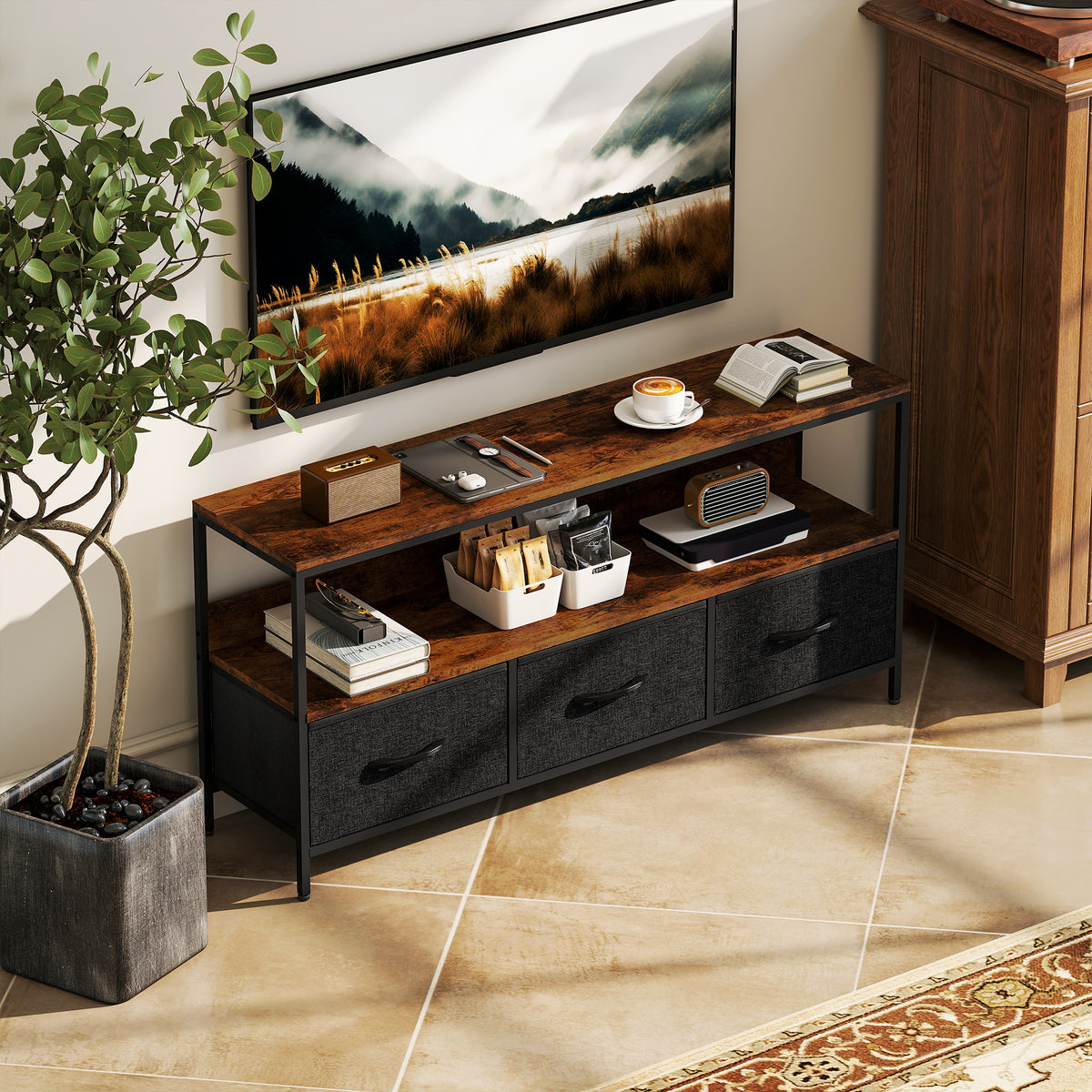TV Stand with Charging Station, TV Table with 2 Foldable Linen Drawers and Open Shelf for 47 Inch – view 28