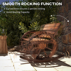 Rocking Outdoor Bench, Wood Outdoor Loveseat with Wagon Wheel Armrests, Carbonized
