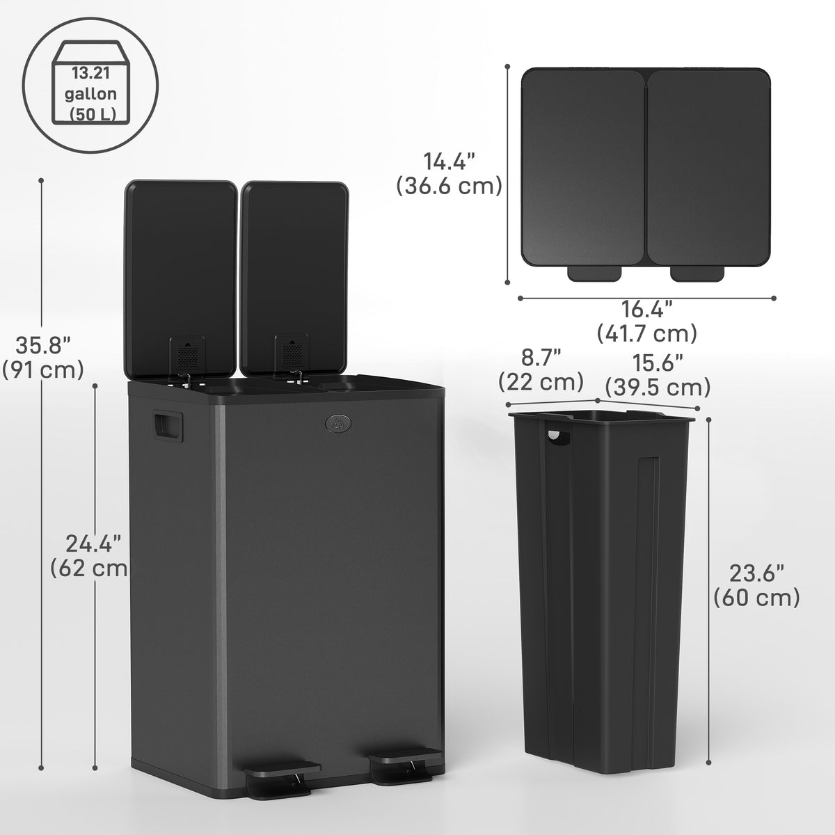 Garbage Bin, Soft-Close Trash Can with Foot Pedal, 2x7.4 Gal (2x28 L) Garbage Can with Removable Inner Buckets, SBlack