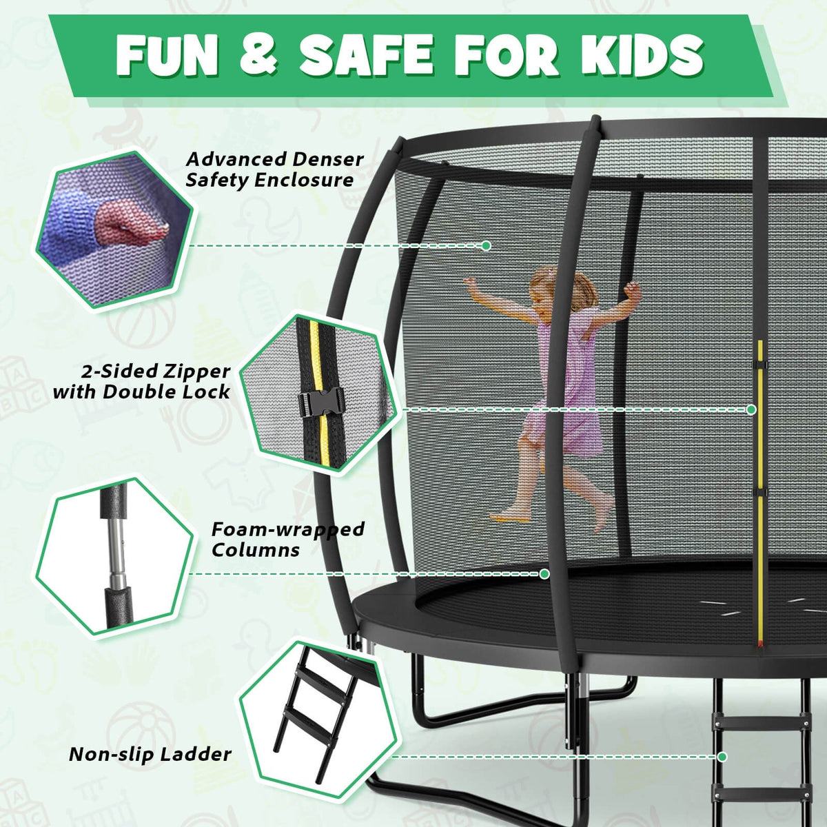 12FT ASTM Approved Recreational Trampoline with Ladder-Black view 9