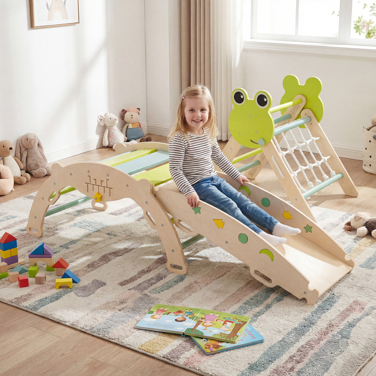 Triangle Climbing Set Foldable Jungle Gym with Arch Ramp and Climber-Green view 2