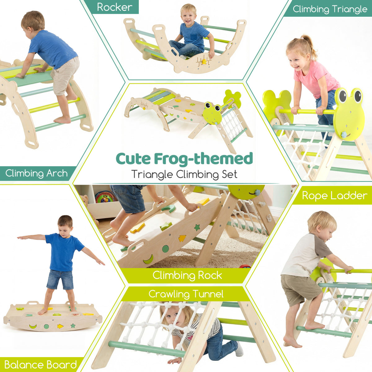 Triangle Climbing Set Foldable Jungle Gym with Arch Ramp and Climber-Green view 6