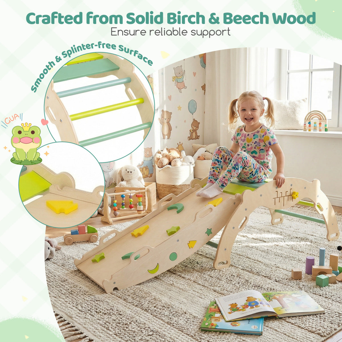 Triangle Climbing Set Foldable Jungle Gym with Arch Ramp and Climber-Green view 8
