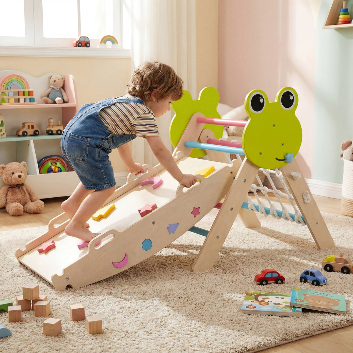 Triangle Climbing Set Foldable Jungle Gym with Arch Ramp and Climber-Multicolor view 3