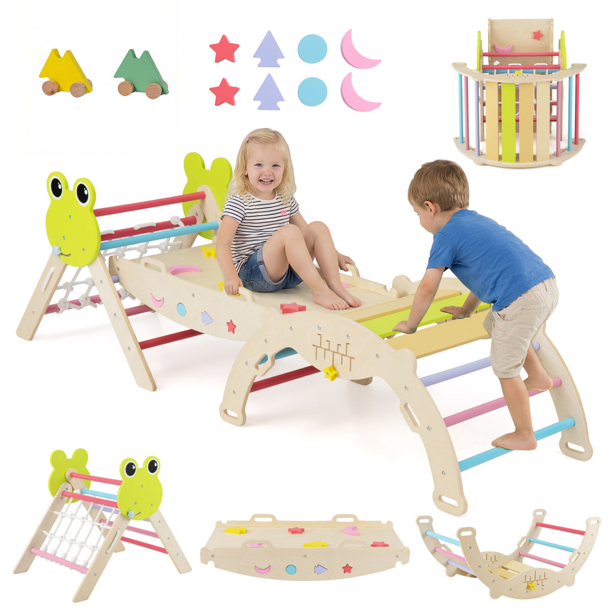 Triangle Climbing Set Foldable Jungle Gym with Arch Ramp and Climber-Multicolor view 4