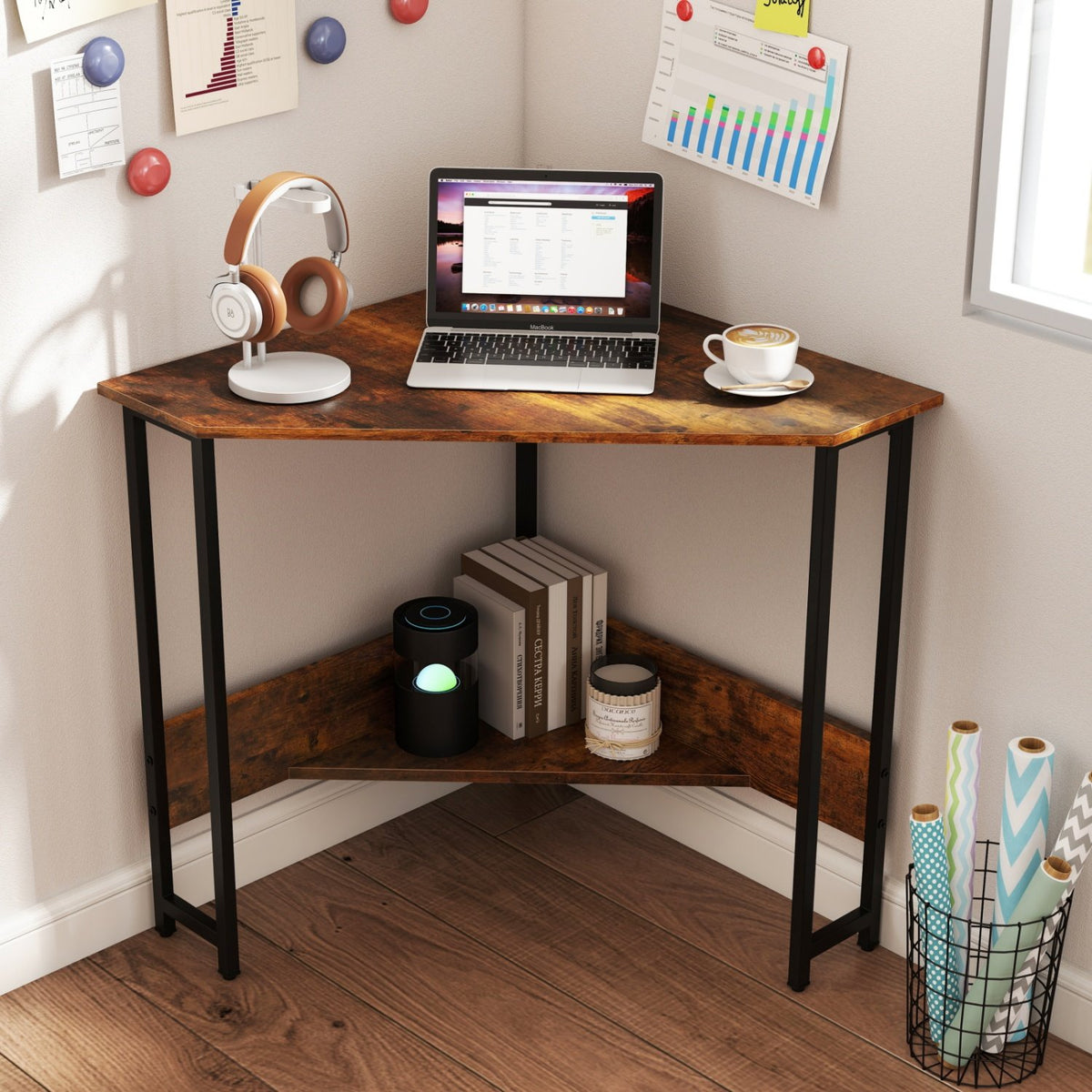 Triangle Computer Corner Desk with Charging Station-Rustic Brown view 2