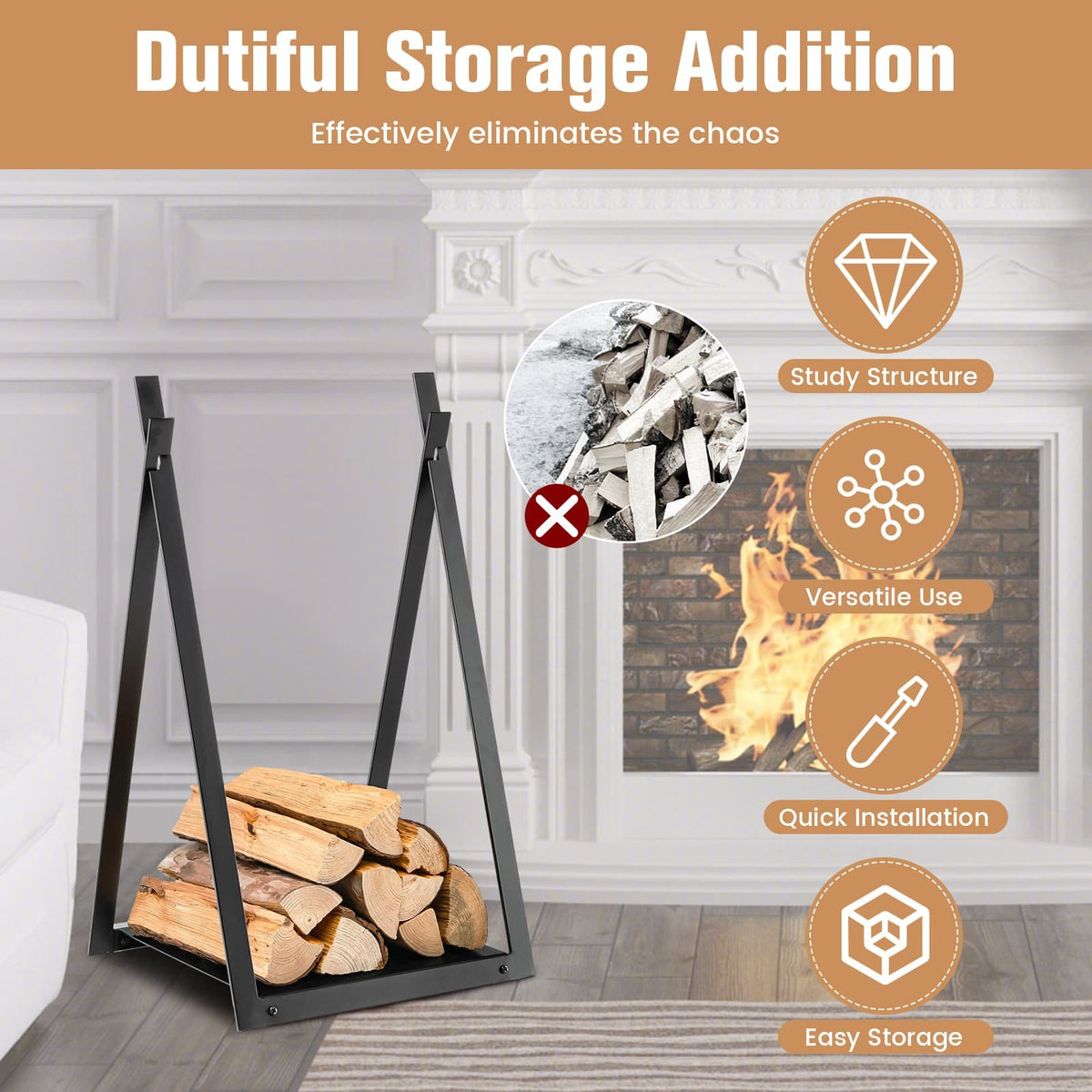 Triangle Firewood Rack with Raised Base for Fireplace Fire Pit-Black view 3