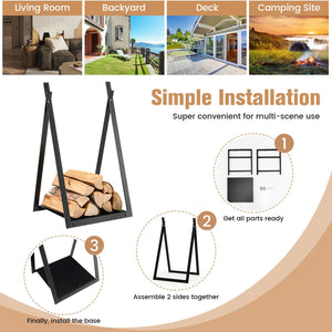 Triangle Firewood Rack with Raised Base for Fireplace Fire Pit-Black view 5